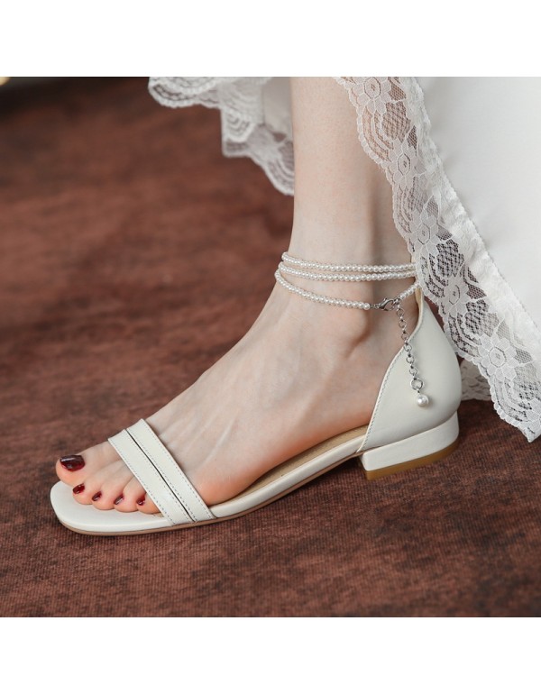 2021 summer new ins style French flat bottom square head exposed finger bag heel herringbone belt sandals pearl women's sandals