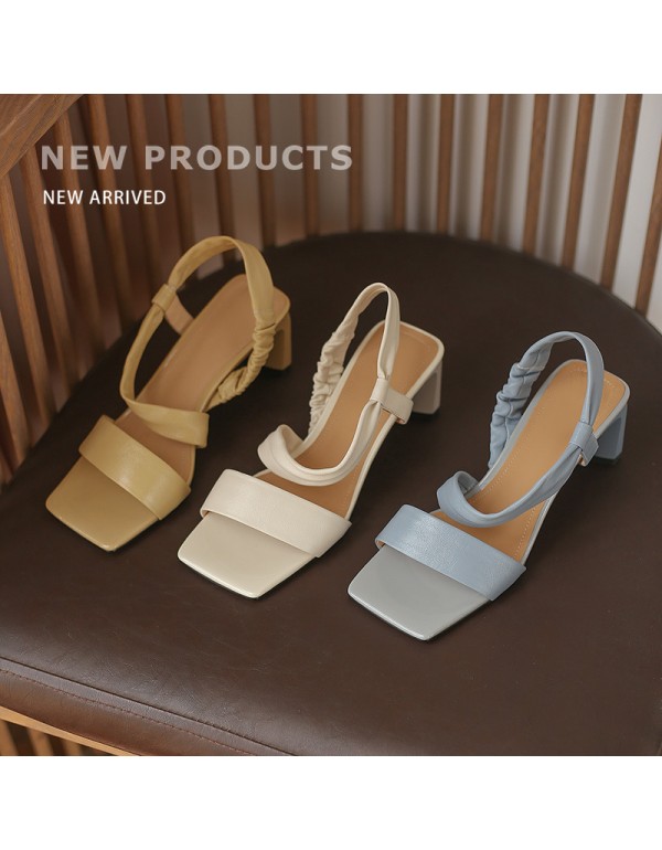 2021 summer new soft and comfortable square head open toe middle heel sandals Korean version simple thick heel slotted buckle sandals