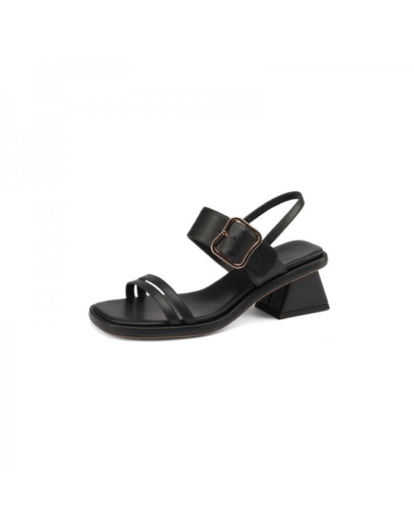 Buckle Roman thin belt open toe sandals women's summer 2021 new style cow leather retro thick heel middle heel nude temperament 