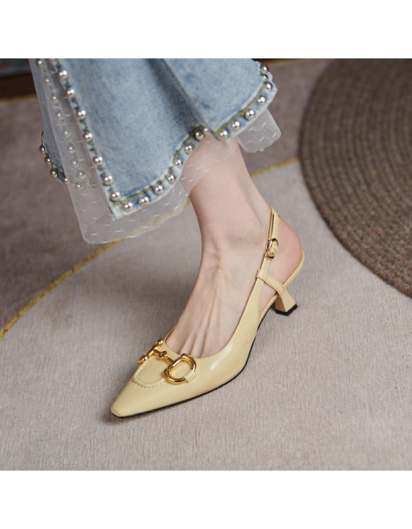 French Baotou sandals women's summer middle heel British style 2021 new leather shallow mouth pointed back empty single shoes high heels