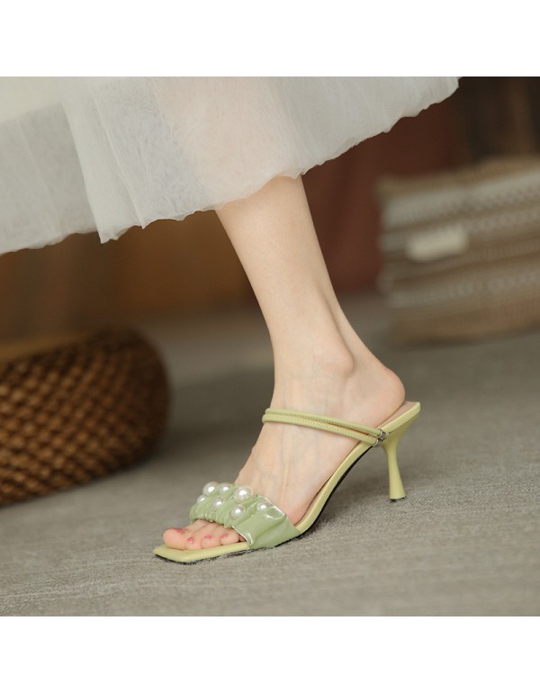 2021 summer new light color high-heeled sandals women's summer thin heels two ladies' pearl French small heel women's slippers