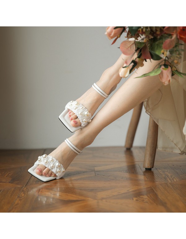 2021 summer new light color high-heeled sandals women's summer thin heels two ladies' pearl French small heel women's slippers