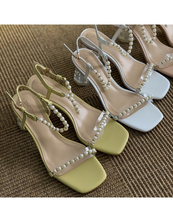 2021 summer new one line belt pearl sandals female summer fairy temperament crystal medium thick heel cowhide women's shoes