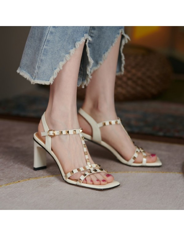 2021 summer new fashion cowhide sandals European and American style square head rivet t-button high heels thick heel sandals women