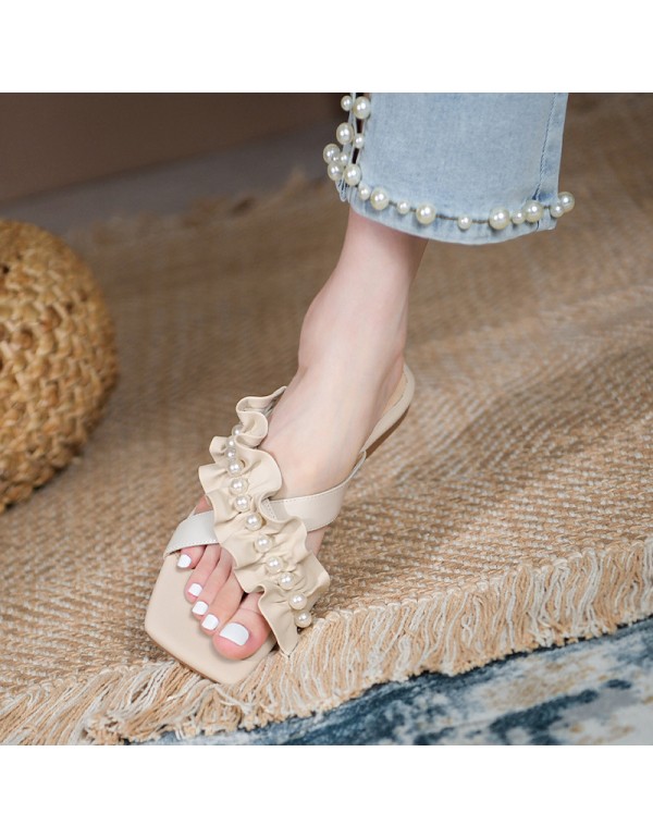 2021 summer new flat bottom lovely pearl slippers comfortable fairy style sweet low heel flowers wear women's slippers outside