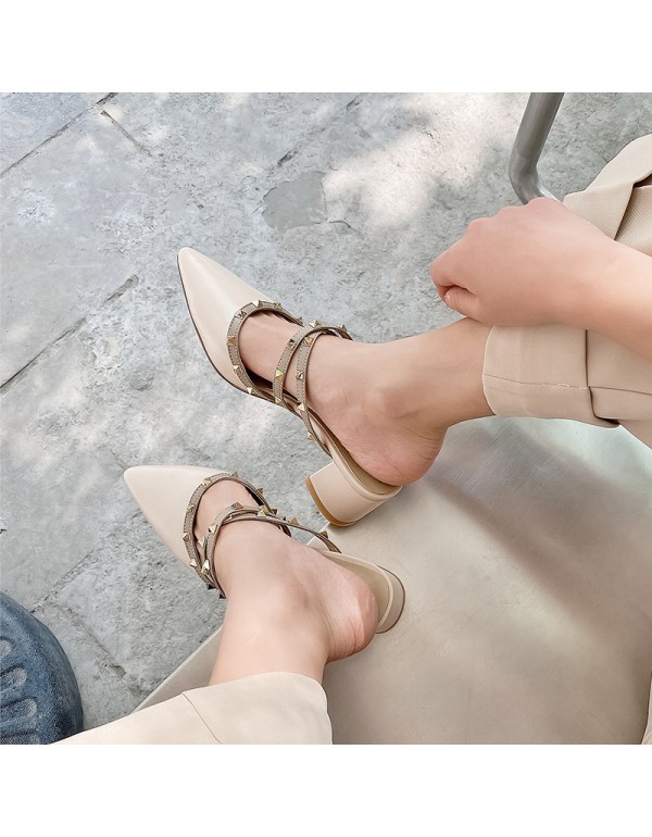 Pointed cow leather women's sandals summer 2020 new pointed thick heel middle shoes rivets wear one-piece slippers 