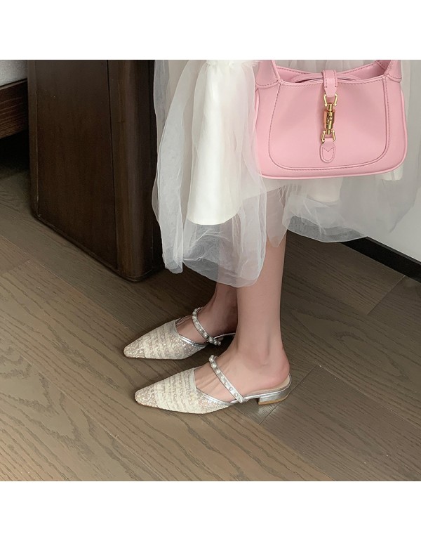 Pearl flat bottom mesh Baotou cool shoes 2021 summer new net red same cool slippers fairy wear Korean version