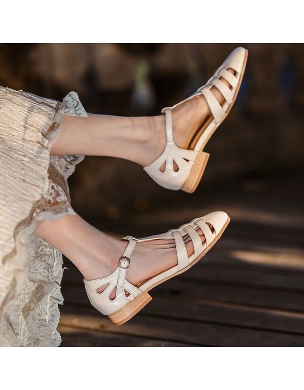 2021 French retro Roman Baotou sandals women's summer flat bottomed hollow woven cowhide Mary Jane women's shoes