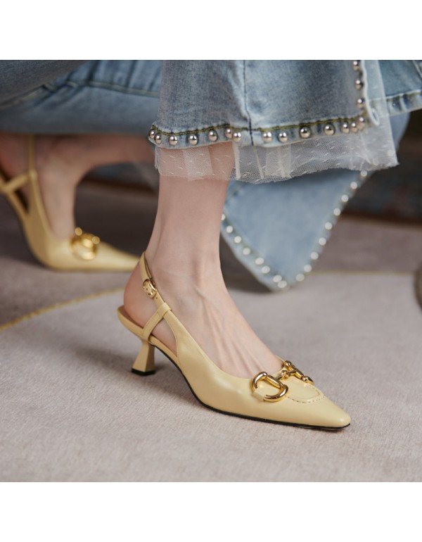 Little pointed women's 2021 new fashion metal cowhide horse rank buckle back empty Baotou sandals women's Retro High Heels