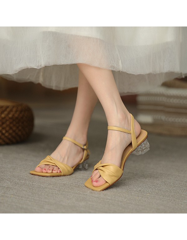 Spring and summer 2021 new Korean version simple thick heel fairy style medium heel temperament crystal heel French women's sandals