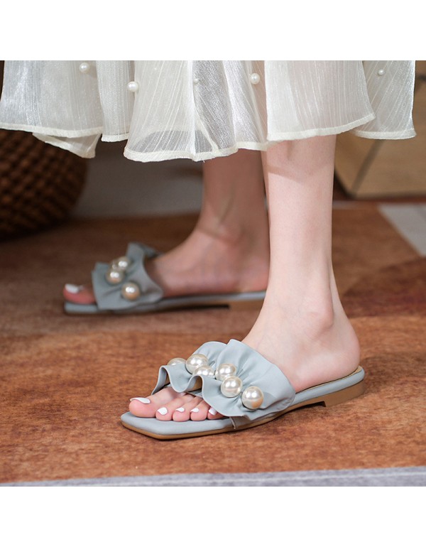 Flat slippers women wear 2021 New Pearl fairy style in summer, simple Korean version ins two wear beach sandals