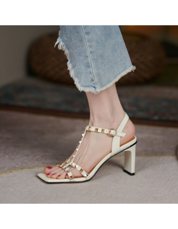 2021 summer new fashion cowhide sandals European and American style square head rivet t-button high heels thick heel sandals women