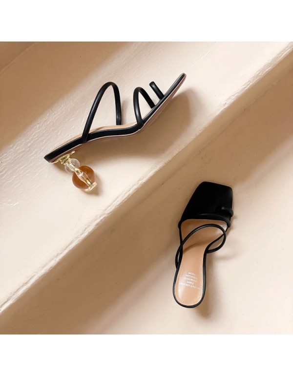 2020 summer French fashion niche design white ribbon crystal high heel fairy's flip flop 