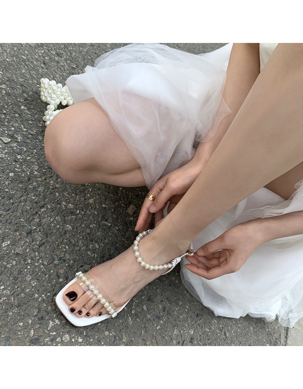 2021 summer new one line belt pearl sandals female summer fairy temperament crystal medium thick heel cowhide women's shoes