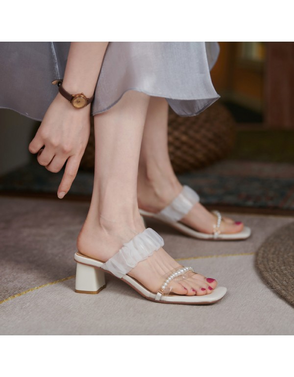 2021 summer new square head lace pearl open toe middle heel slippers Korean thick heel women's slippers