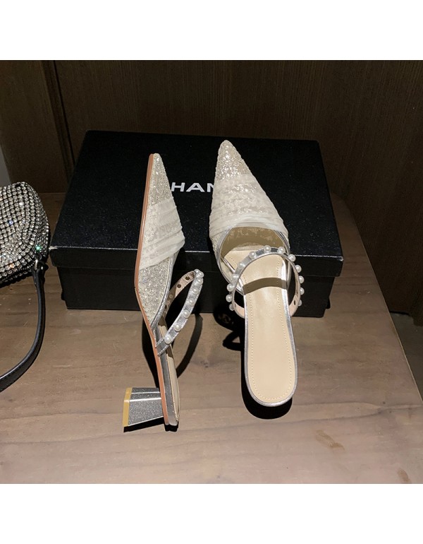 Pearl flat bottom mesh Baotou cool shoes 2021 summer new net red same cool slippers fairy wear Korean version