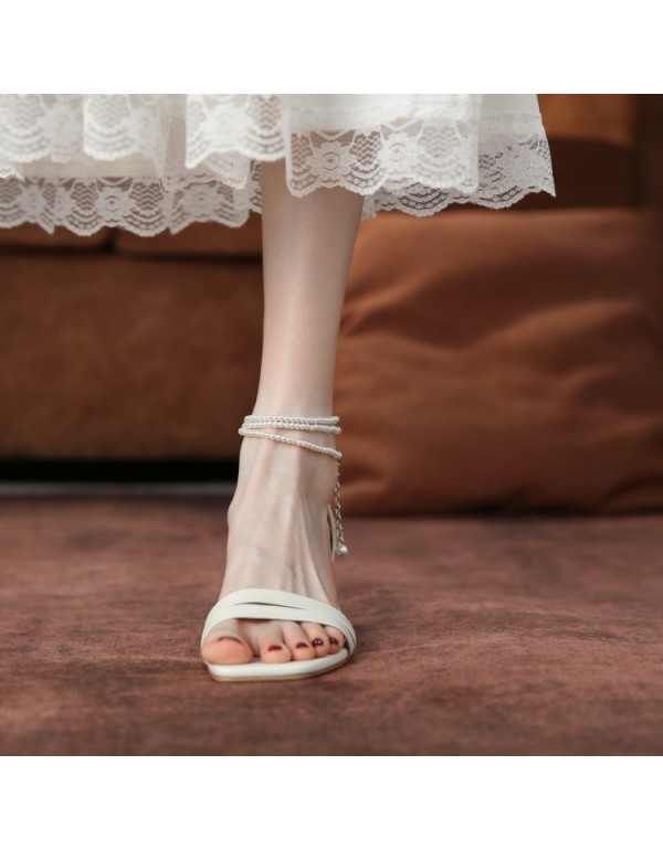 2021 summer Korean elegant beaded belt thick heel lady sandals fashion open toe one line back pack high heels 