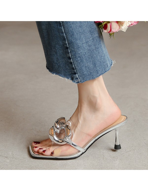 Ximan 2021 summer fairy style high-heeled sandals open toe thin heel shallow mouth slippers chain slim fashion shoes trend
