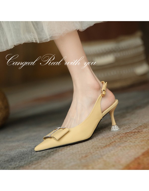 2021 summer Rhinestone Baotou sandals female pointed elegant metal buckle cowhide fine heel high heels fairy style
