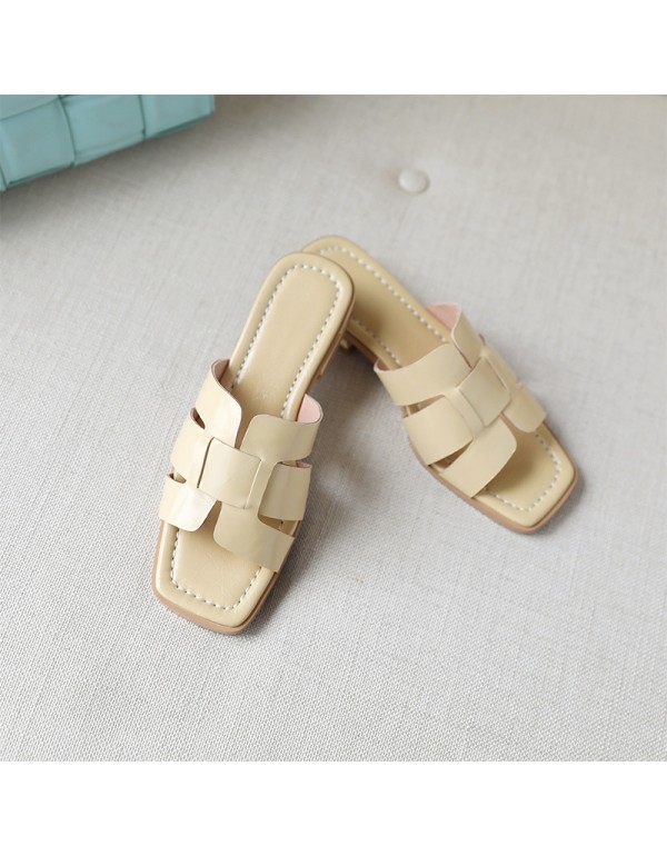Summer 2021 net red inside and outside full leather sandals fashion French retro flat heel woven square head open toe women's sandals