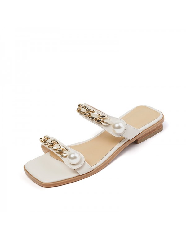 2021 summer fairy slippers wear Holiday Beach retro pearl metal chain flat bottom one-way belt female sandals