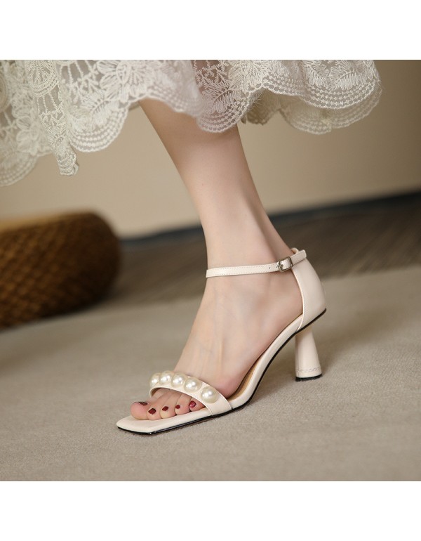 French retro square head pearl thick heel high heels women's 2021 summer new one-line belt commuting open toe women's sandals