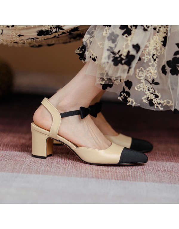 2021 summer new bowknot high-heeled Baotou sandals women's shoes small fragrance color matching inside and outside full leather thick heels elegant