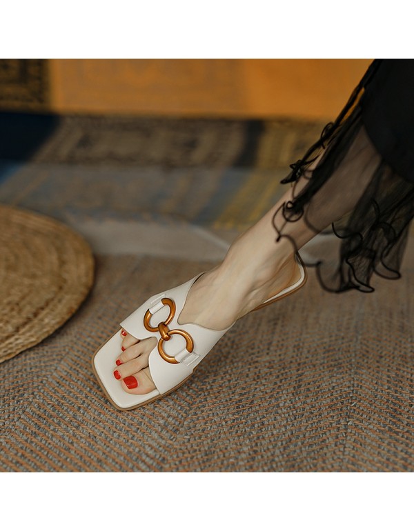 2021 new slippers women's summer fashion wear flat bottom low heel simple retro go out one word cool slippers apricot