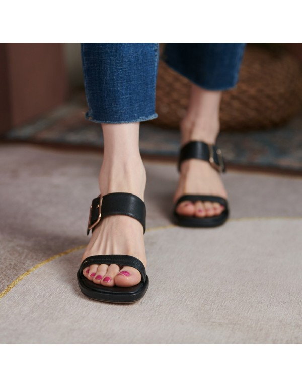 Buckle Roman thin belt open toe sandals women's summer 2021 new style cow leather retro thick heel middle heel nude temperament 