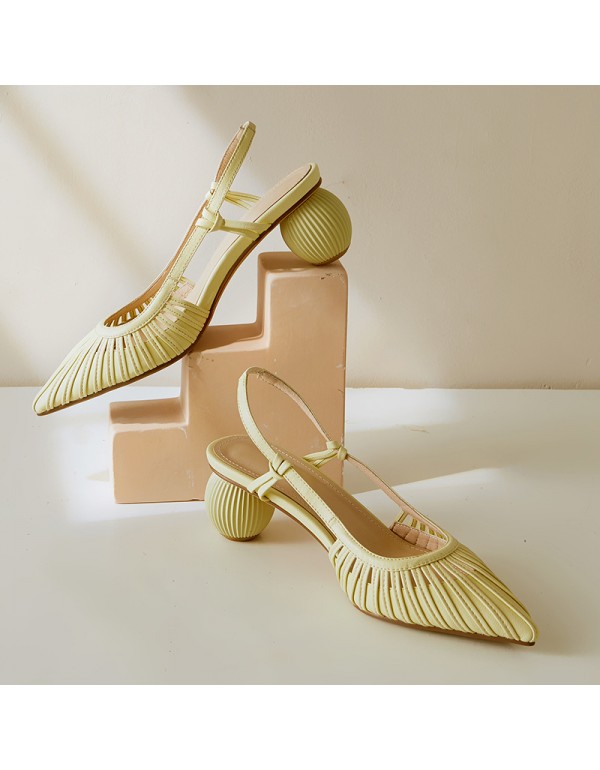 Women's sandals 2020 new sharp new summer Baotou cowhide Mid Heel Fairy 