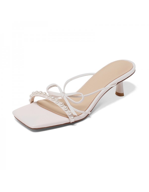 Medium heel sandals with pearl bow 2021 new French temperament, wearing square head, medium heel and thin heel sandals