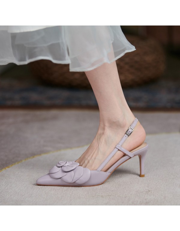 20201 Baotou back empty high heels women's summer one line buckle leather elegant flower pointed sandals light yellow