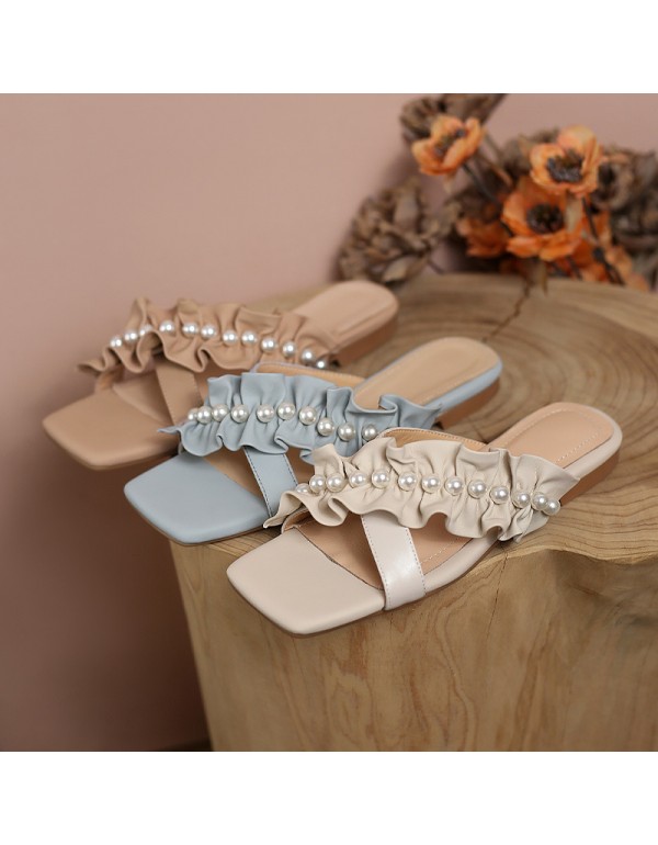 2021 summer new flat bottom lovely pearl slippers comfortable fairy style sweet low heel flowers wear women's slippers outside