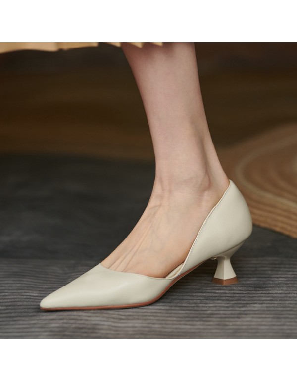 2021 autumn new small heels high heels women's low heels hollow pointed temperament single shoes commuting simple middle HEELS SANDALS