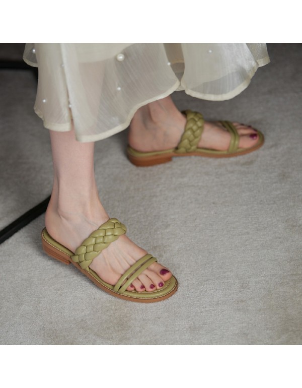 2021 new style low heel herringbone belt woven sandals net red same half slippers women's two wear summer sandals