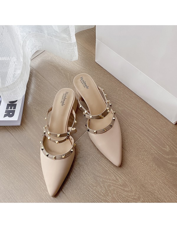 Pointed cow leather women's sandals summer 2020 new pointed thick heel middle shoes rivets wear one-piece slippers 