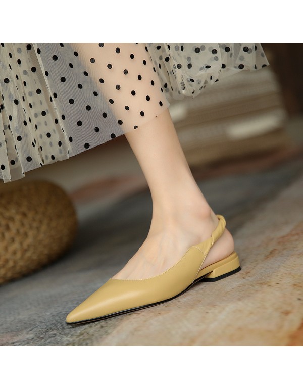 2021 new side empty Baotou shallow mouth thick heel sandals women's full leather low heel soft leather simple shoes women's summer