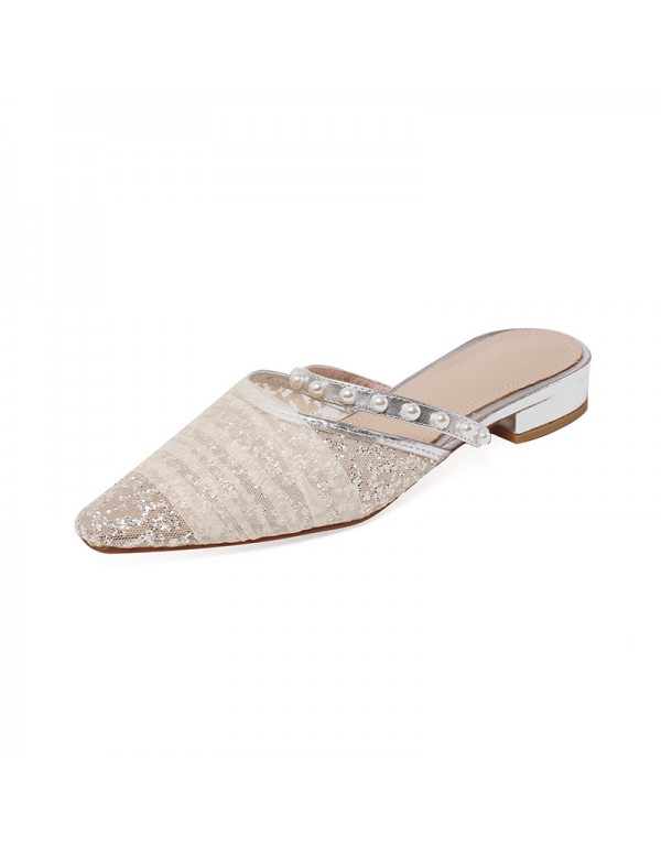 Pearl flat bottom mesh Baotou cool shoes 2021 summer new net red same cool slippers fairy wear Korean version