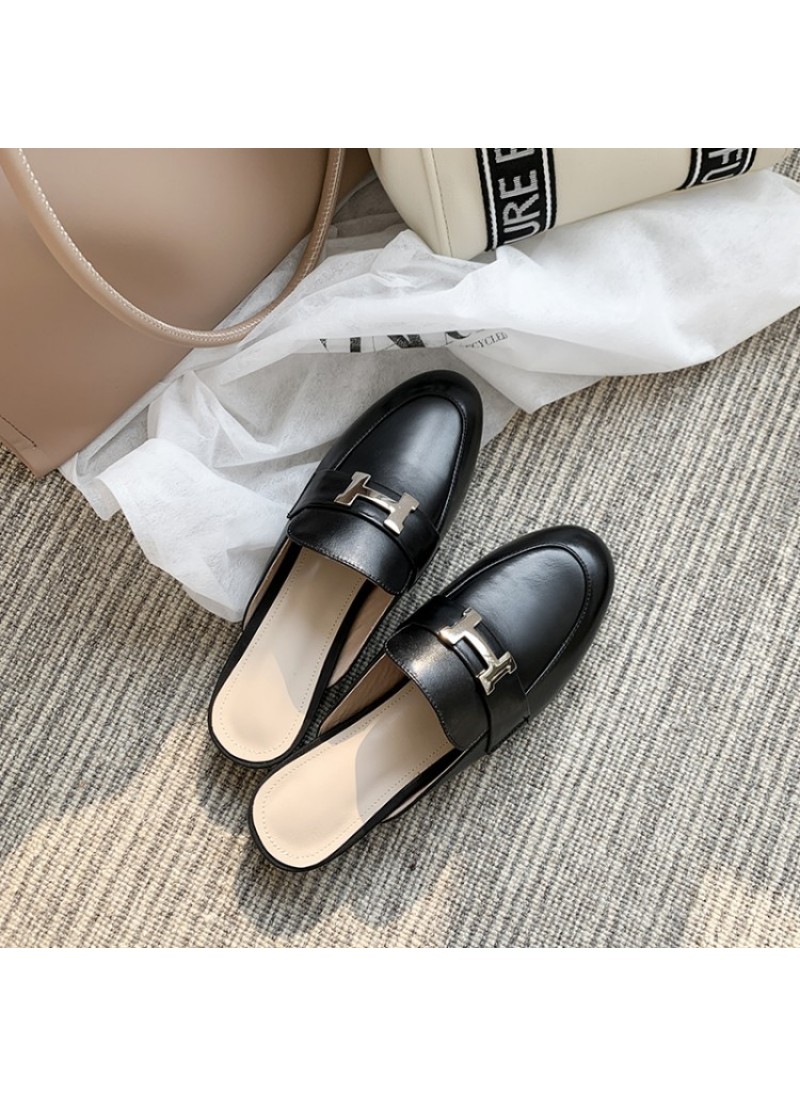 2020 new women's shoes metal h fastener Baotou slippers women's flat bottom leisure slob Muller sandal cow leather women's shoes 