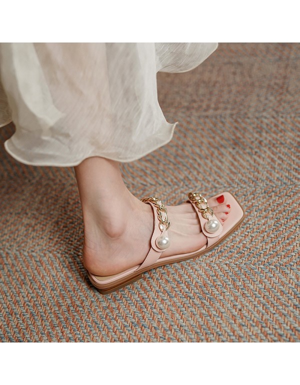 2021 summer fairy slippers wear Holiday Beach retro pearl metal chain flat bottom one-way belt female sandals
