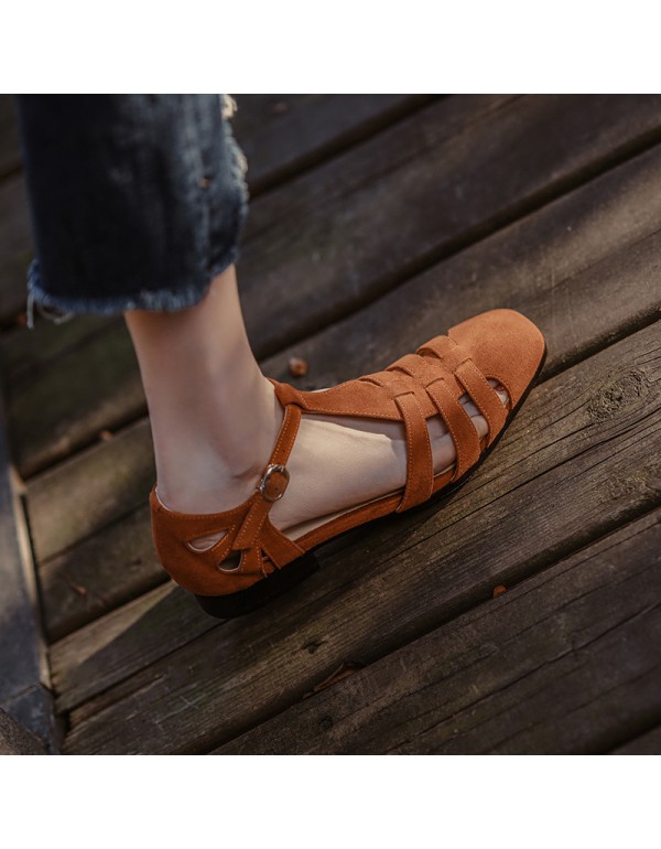 2021 French retro Roman Baotou sandals women's summer flat bottomed hollow woven cowhide Mary Jane women's shoes