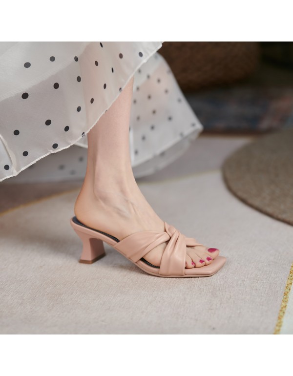Soft and comfortable full leather inside and outside 2021 summer new square bow slippers women's thick middle heel sandals 