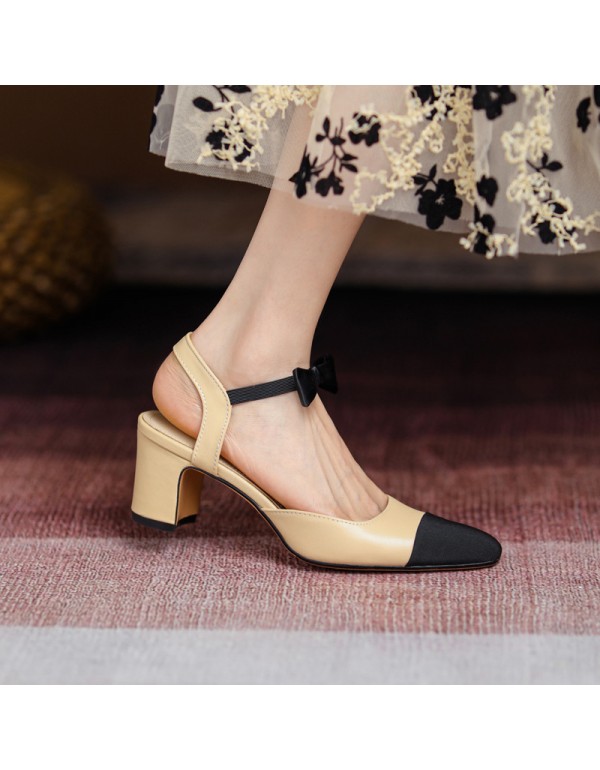 2021 summer new bowknot high-heeled Baotou sandals women's shoes small fragrance color matching inside and outside full leather thick heels elegant