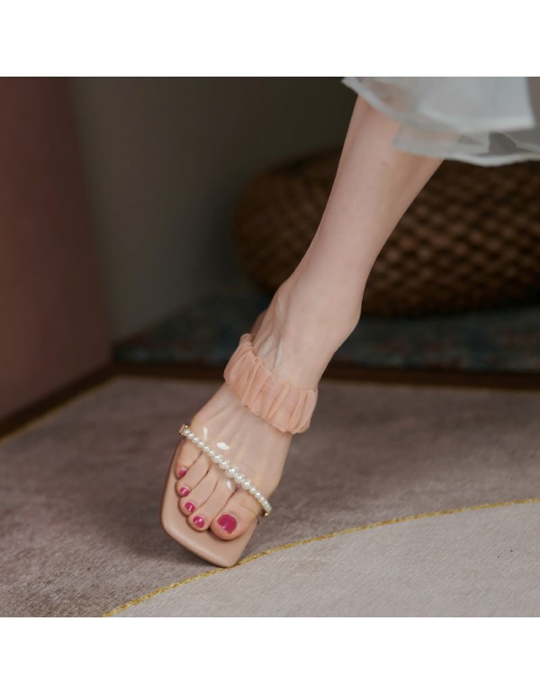 2021 summer new square head lace pearl open toe middle heel slippers Korean thick heel women's slippers