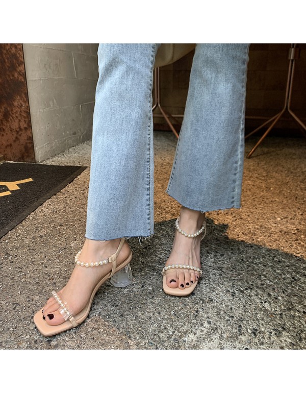 2021 summer new one line belt pearl sandals female summer fairy temperament crystal medium thick heel cowhide women's shoes