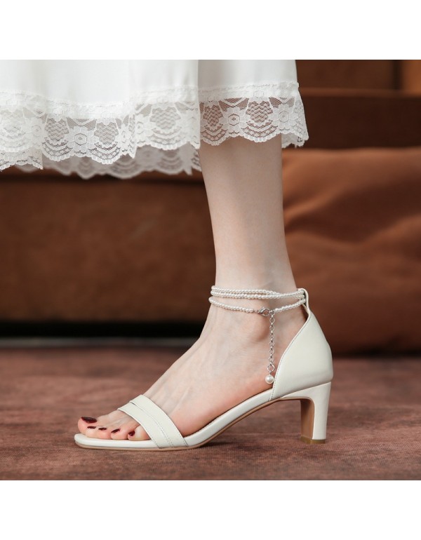 2021 summer Korean elegant beaded belt thick heel lady sandals fashion open toe one line back pack high heels 