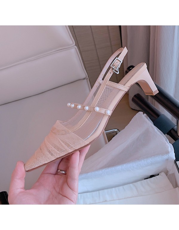 2021 summer pointed lace covered slippers sandals women wear thick heel low heel half mop Muller shoes women's single shoes 