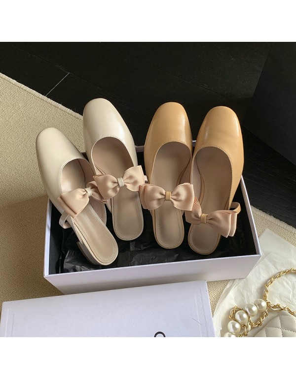 Xiaoxiang cool slippers women's shoes 2021 wear sweet bowknot Baotou flat heel net red half slippers in spring and summer