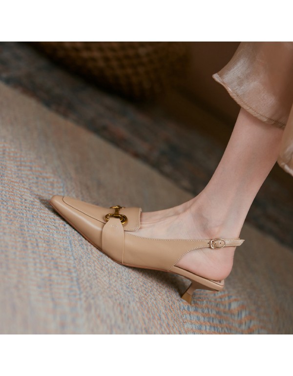 Cowhide high heels women's thin heel Baotou sandals women's summer 2021 new metal fastener pointed back single shoes women's shoes 