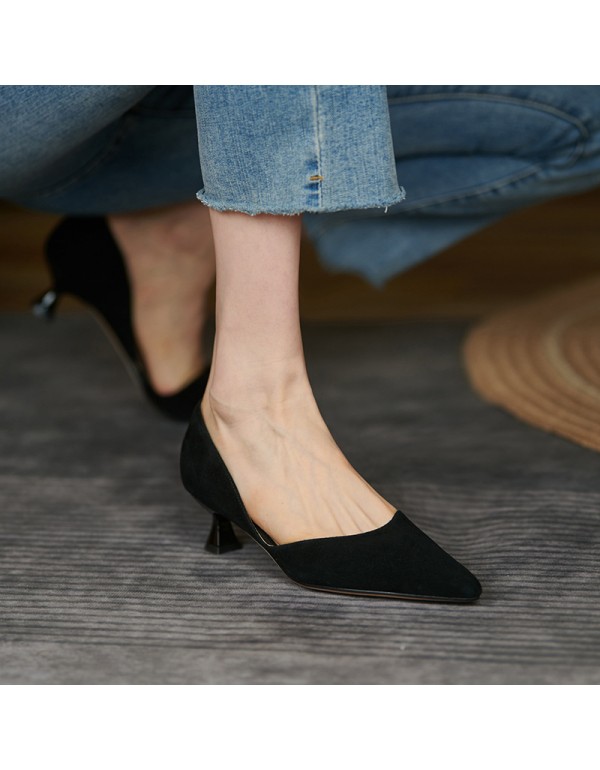 2021 autumn new small heels high heels women's low heels hollow pointed temperament single shoes commuting simple middle HEELS SANDALS